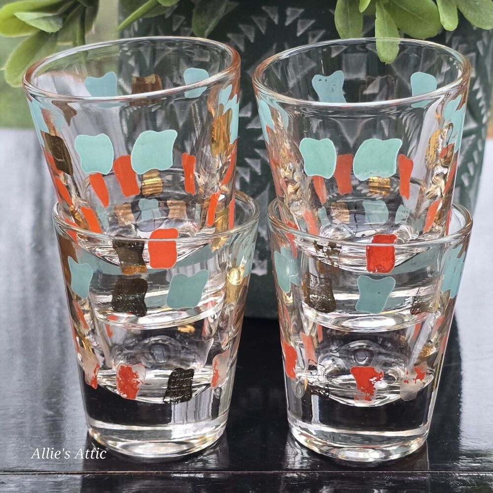 4 Vtg MCM Orange Gold Aqua Teal Blue Atomic Shot Glasses Cocktail Barware‎ Set